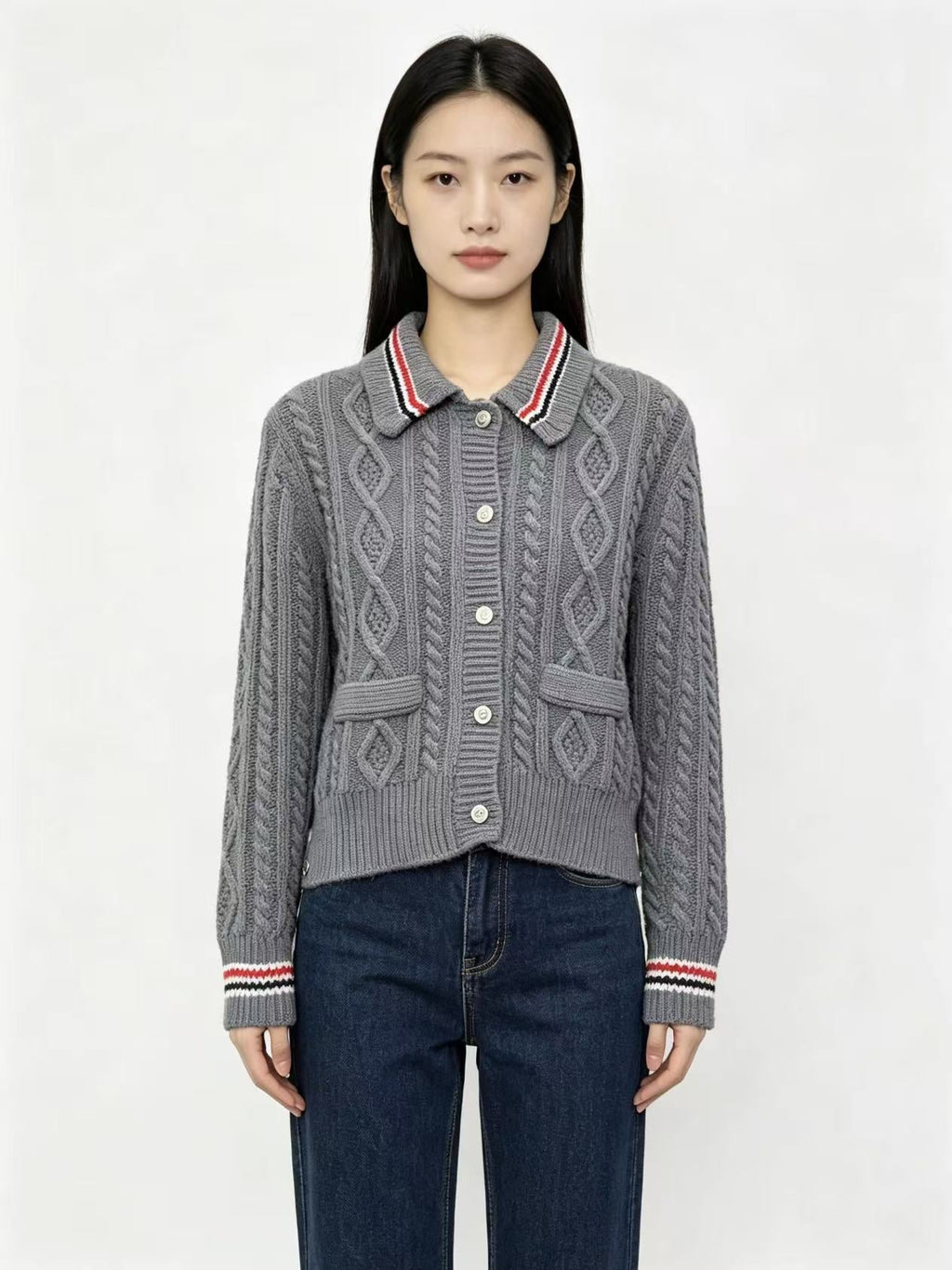 Thom Browne Style Gray Cable-Knit Collared Cardigan