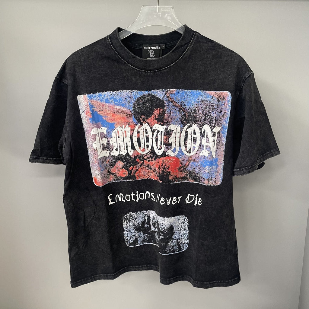 MIXED EMOTION Rhinestone Graphic Acid-Wash T-Shirt