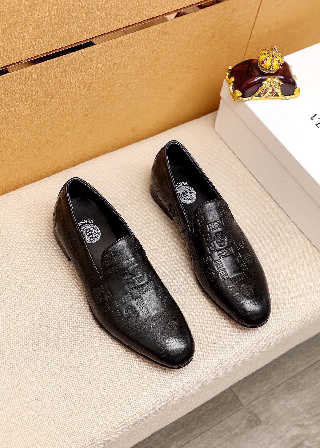 Versace Embossed Leather Slip-On Shoes